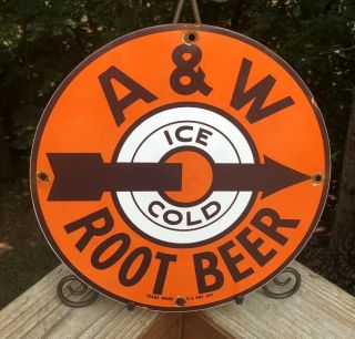 Vintage A&w Porcelain Metal Round Sign Root Beer Soda Pop Advertising Rare