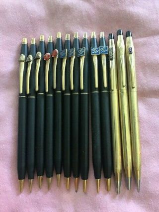 Lot13 Of Vintage Cross (1) 10k,  (2) 12k Gold & (10) Black & Gold Pens Pencils