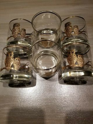 Six 6 Vintage Mid Century Culver 22k Gold Owl Old Fashioned Low Ball Glasses