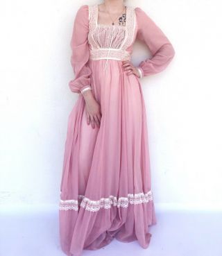70s Boho Blush Pink Gunne Sax Long Sleeve Maxi Dress
