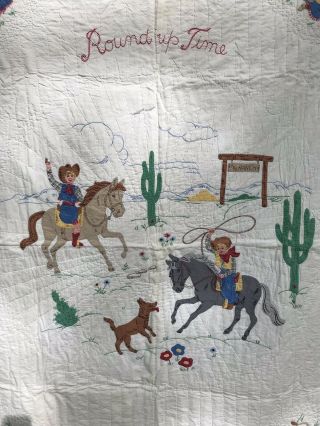 Vtg Quilt Baby Cowboy Horse Applique Embroidery Ranch 62 " X48 " Euc Handmade Red