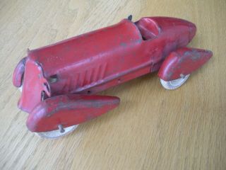 Vintage 1930s Wyandotte Boat Tail Pressed Steel Race Car White Rubber Tires 8.  5 "