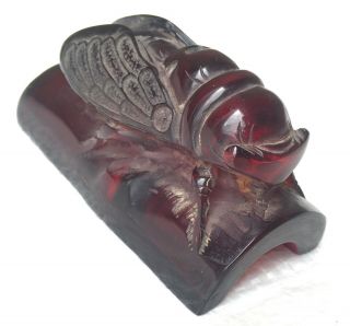 Vtg Cherry Amber Bakelite/faturan/phenolic Resin Chinese Carved Insect Cicada Nr
