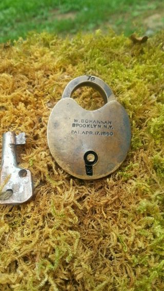 Vintage 1860 lock & key W.  Bohannan Brooklyn N.  Y Brass lock - civil war Era? 2