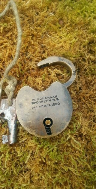 Vintage 1860 lock & key W.  Bohannan Brooklyn N.  Y Brass lock - civil war Era? 5