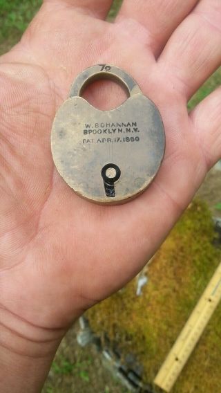 Vintage 1860 lock & key W.  Bohannan Brooklyn N.  Y Brass lock - civil war Era? 8