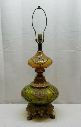 Vintage Mid Century Modern Hollywood Regency Orange Green Art Glass Lamp Brass