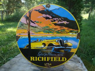Vintage 1934 Richfield Gasoline Porcelain Enamel Gas Pump Sign " Let 