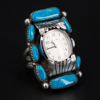 Vtg Sterling Silver Navajo Signed Jf Morenci Turquoise Watch Ring Size 10 - 24g