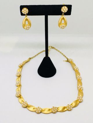 Signed Trifari Faux Pearl Gold Tone Necklace & Earring Set