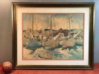 Vintage Signed Gerald Leake Ana Designation Painting Boats Harbor Towns Nassau