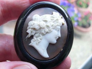 Fine Antique Victorian Carved Shell Cameo Greek Goddess Head Jet Brooch Pin