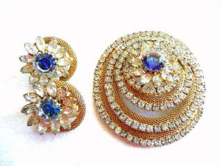 Vintage 1950s 60s Hobe Goldtone & Rhinestone Pin & Earrings Set