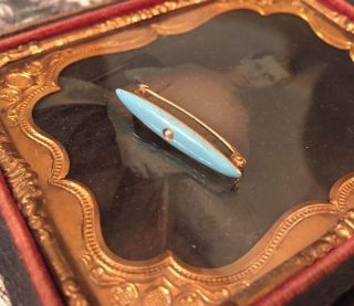 Vintage Antique Victorian 10k Turquoise Enamel Seed Pearl Bar Pin Brooch 2
