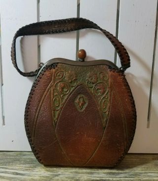 Vtg Antique Art Nouveau Deco Tooled Leather Floral Handbag Purse Arts & Crafts