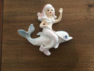 Vintage Lefton Mermaid Riding Dolphin Ceramic Wall Plaque Bathroom Decor Retro