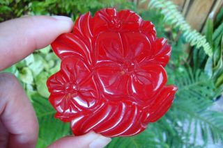 Gorgeous Vintage Bakelite Brooch Cherry Red Color; 3 Flower Carvings