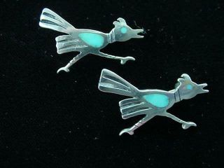 Fred Harvey Era Sterling Silver Turquoise Road Runner Bird Pins 1911