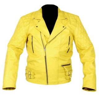 Vintage Classic Diamond Motorcycle Biker Yellow Cow - Hide Real Leather Jacket