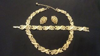 Vintage Estate Parure Signed Crown Trifari Leaves Necklace Bracelet Earrings Set