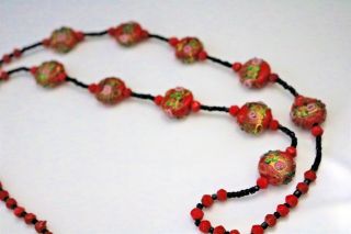 Art Deco Red Italian Wedding Cake Art Glass Bead Flapper Necklace,  32 