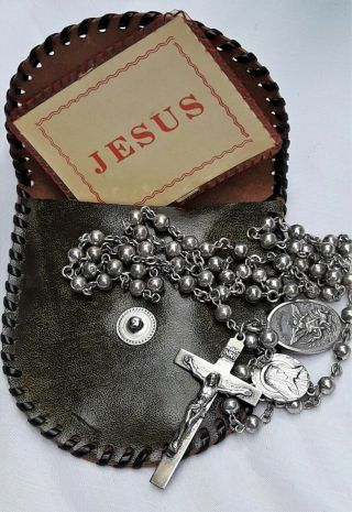 Vintage Rosary Sterling Beads Chain,  Pouch,  St Michael Medal Military Protection