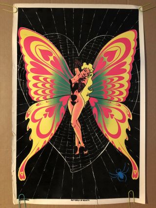 Butterfly Of Hearts Vintage Psychedelic Blacklight Poster 1970s