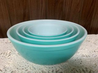 Set Of 4 Vintage Turquoise Pyrex Nesting Mixing Bowls 401 402 403 404