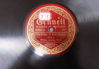 Rare 78 rpm record WILLIAM JENNINGS BRYAN Cross of Gold Speech 1896 Gennett E, 2