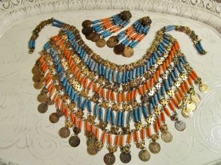 Vintage Egyptian Revival Turquoise Coral Faience Bib Necklace,  Clip Earrings Set