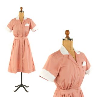Vintage 70s Pale Pink,  White 40s Style Waitress Maid Uniform Work Dress S