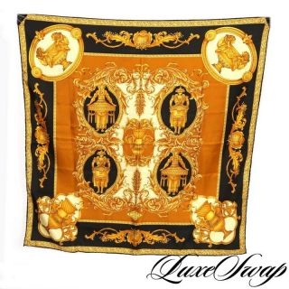 Lnwot Vintage Atelier Versace Black Gold Lions Urn Foulard Twill Silky Scarf Nr