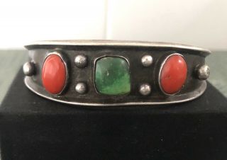 Early Vintage Navajo Old Pawn Turquoise Coral & Sterling Silver Cuff Bracelet