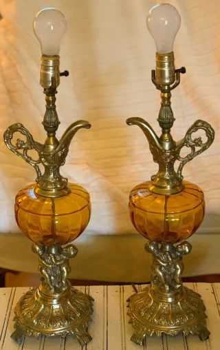 2 Vintage Hollywood Regency Amber Glass & Brass Cherub Lamps