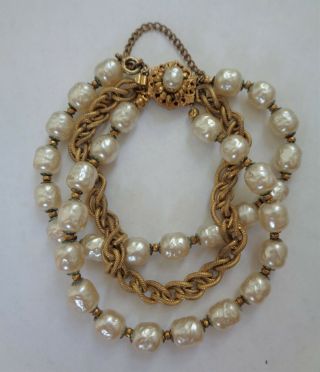 Antique Miriam Haskell Baroque Pearl Gold Tone Rope Bracelet