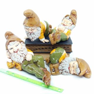 Vintage 1970s Handpainted Ceramic Garden Gnome Dwarves Set Of 4 Ooak Statues