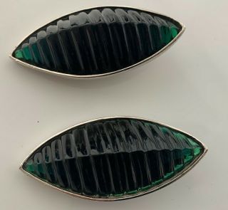 Vintage Yves Saint Laurent Emerald Green And Silver Clip On Large Earrings