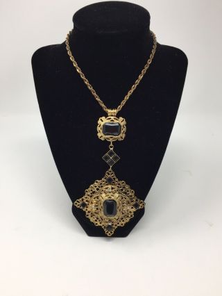 Vintage Miriam Haskell Brass Rhinestone Black Glass Pendant Necklace Stunning