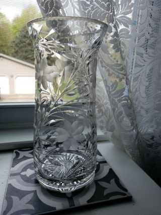 Vintage Large Finely Cut Crystal & Floral Etched Glass Dozen Roses Vase 10.  25 "