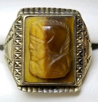 Vintage Sterling Silver 10k Yellow Gold Cameo Tigers Eye Ring Size 8.  5