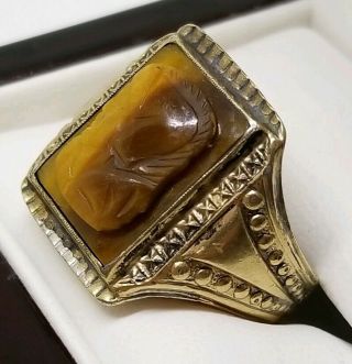 Vintage Sterling Silver 10k Yellow Gold Cameo Tigers Eye Ring Size 8.  5 2