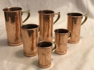 Antique Set Of 6 Measuring Cups Jenzo Italy Copper Brass Handle Vintage Patina