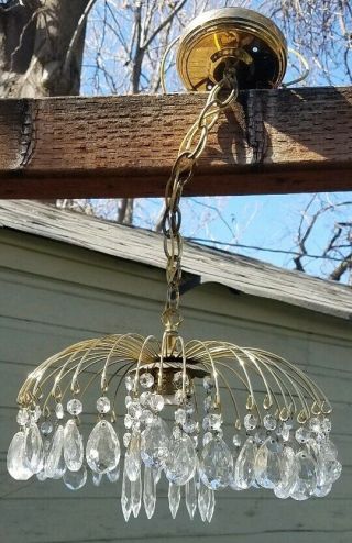 Vintage Hollywood Regency Brass Crystal Waterfall Fountain Hanging Light