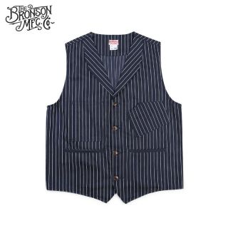 Bronson Vintage Railroad Stripe Vest Mens Work Sack Jacket With Back Buckle Blue