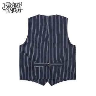 Bronson Vintage Railroad Stripe Vest Mens Work Sack Jacket With Back Buckle Blue 2