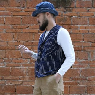 Bronson Vintage Railroad Stripe Vest Mens Work Sack Jacket With Back Buckle Blue 4