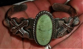 C1930 Navajo Sterling Silver Turquoise Bracelet Crossed Arrow & Cactus Vafo