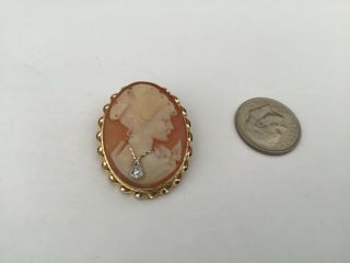 Antique 14k Yellow Gold Cameo And Diamond Brooch Pendant 3.  9 G