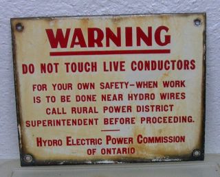 Rare Vintage Porcelain Ontario Hydro Electric Company Warning Bar Man Cave Sign
