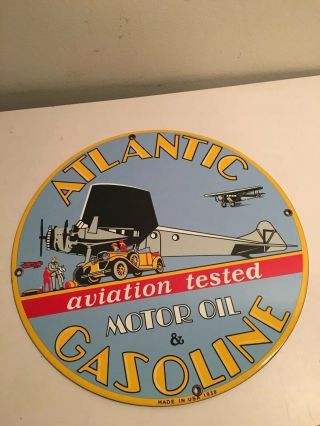 Vtg Aviation Atlantic Gasoline Gas Motor Oil Porcelain Sign Pump Plate Plane